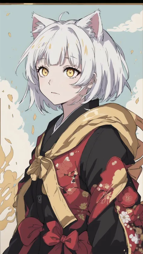 source_anime,score_9,score_8_up,score_7_up,score_6_up,Japanese art style,1girl,solo,catgirl,cat ears,white hair,bangs pinned up,golden eyes,vertical pupils,pale skin,