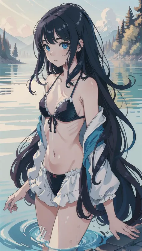 high quality, high resolution, extreme detail, masterpiece, 1girl, swimming in a lake, bikini,long hair, ((high quality eyes)), [looking at the viewer], intricate details, [volumetric fog], cinematic lighting, photographed on a Canon EOS R5