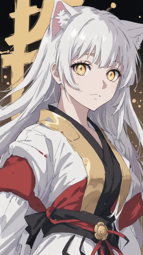 source_anime,score_9,score_8_up,score_7_up,score_6_up,Japanese art style,1girl,solo,catgirl,cat ears,white hair,bangs pinned up,golden eyes,vertical pupils,pale skin,