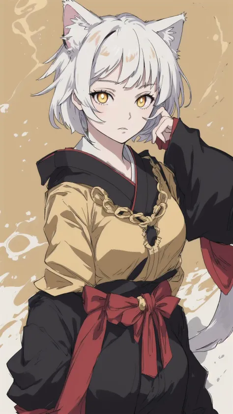 source_anime,score_9,score_8_up,score_7_up,score_6_up,Japanese art style,1girl,solo,catgirl,cat ears,white hair,bangs pinned up,golden eyes,vertical pupils,pale skin,