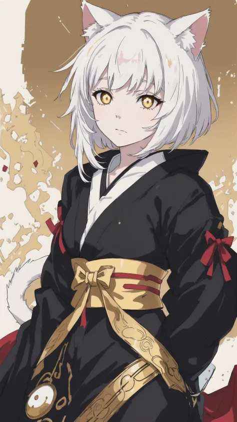 source_anime,score_9,score_8_up,score_7_up,score_6_up,Japanese art style,1girl,solo,catgirl,cat ears,white hair,bangs pinned up,golden eyes,vertical pupils,pale skin,