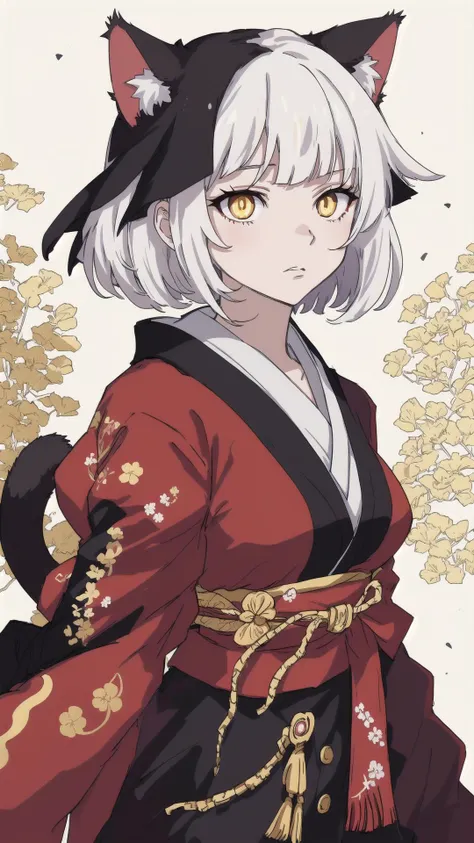 source_anime,score_9,score_8_up,score_7_up,score_6_up,Japanese art style,1girl,solo,catgirl,cat ears,white hair,bangs pinned up,golden eyes,vertical pupils,pale skin,