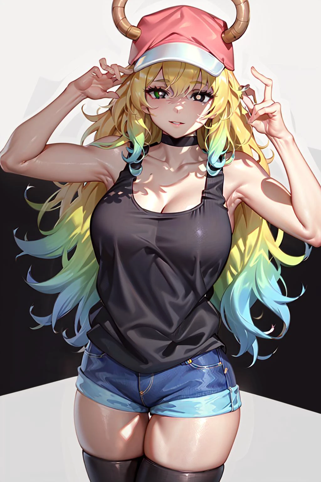 absurdres, best quality, 1girl, solo, looking at viewer, eye focus, <lyco:GoodHands-beta2:1.0>, <lora:LucoaDM:0.5>, LucoaDM, CasualCL, shorts, tank top, thighhighs, heterochromia, eye focus,
ADDCOMM
green eyes
ADDCOL
(black eyes:1.5), slit pupils, bright pupils, yellow pupils