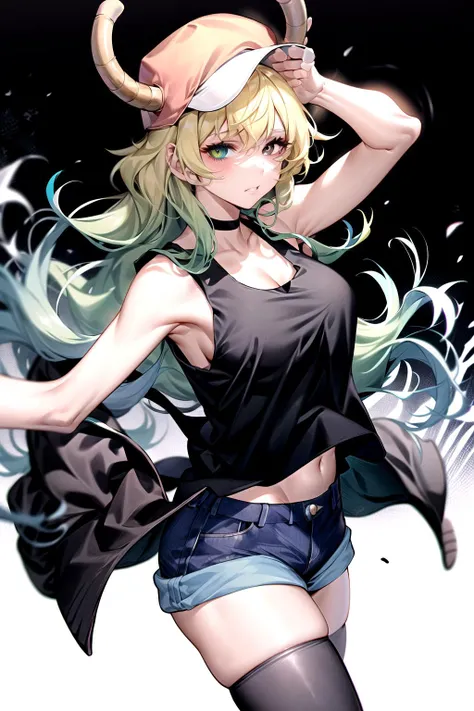 absurdres, best quality, 1girl, solo, looking at viewer, eye focus, <lyco:GoodHands-beta2:1.0>, <lora:LucoaDM:0.5>, LucoaDM, CasualCL, shorts, tank top, thighhighs, heterochromia, eye focus,
ADDCOMM
green eyes
ADDCOL
(black eyes:1.5), slit pupils, bright pupils, yellow pupils