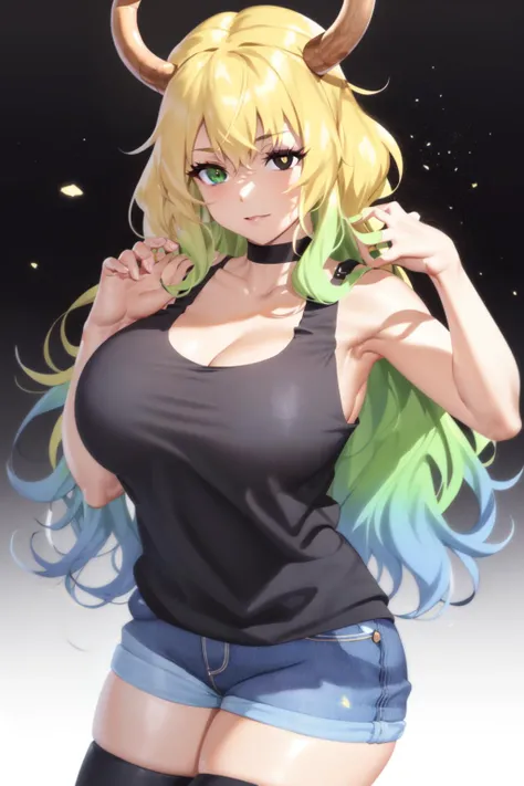 absurdres, best quality, 1girl, solo, looking at viewer, eye focus, <lyco:GoodHands-beta2:1.0>, <lora:LucoaDM:0.5>, LucoaDM, CasualCL, shorts, tank top, thighhighs, heterochromia, eye focus,
ADDCOMM
green eyes
ADDCOL
(black eyes:1.5), slit pupils, bright pupils, yellow pupils