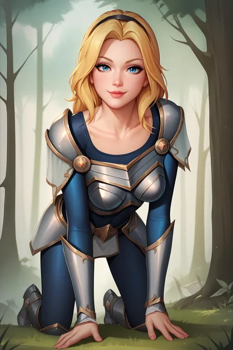 score_9, score_8_up, score_7_up, score_6_up, score_5_up, score_4_up, LuxLoLXL, blue eyes, blonde hair, long hair, black hairband, medium breasts, collarbone, shoulder armor, armor, blue bodysuit, breastplate, long sleeves, faulds, skirt, blue pants, armored boots, all fours, seductive smile, looking at viewer, forest, tree <lora:LuxLoLXL:0.8>