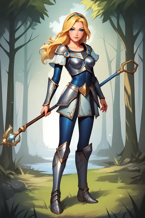 score_9, score_8_up, score_7_up, score_6_up, score_5_up, score_4_up, LuxLoLXL, blue eyes, blonde hair, long hair, hairband, medium breasts, collarbone, shoulder armor, armor, blue bodysuit, breastplate, long sleeves, faulds, skirt, blue pants, armored boots, holding staff, solo, full body, standing, seductive smile, looking at viewer, forest, tree <lora:LuxLoLXL:0.8>