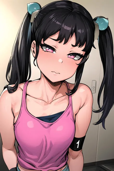 ((masterpiece)), (best quality), (detailed), (1 girl),<lora:meh-08:0.8>,shorts,twintail, pink tanktop,wristband