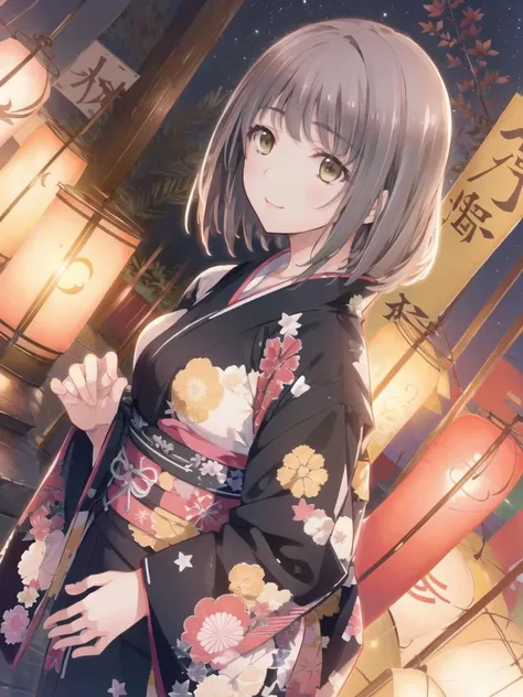 best quality,masterpiece, high res,original, 1girl, yellow eyes, (kurihara aiko), kurihara aiko, japanese clothes, fireworks, kimono, solo, lantern, night, smile, blush, yukata, floral print, black kimono, festival, paper lantern, outdoors, dutch angle, sky, sash
<lora:kuriharaaiko_v1:1>