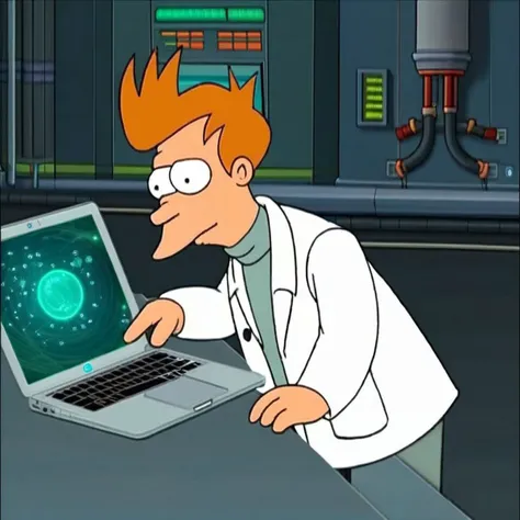An evil genius wearing a lab coat is working on an Apple MacBook laptop, FuturamaStyle <lora:SDXL-FuturamaStyle-Lora:1>, Very detailed, clean, high quality, sharp image