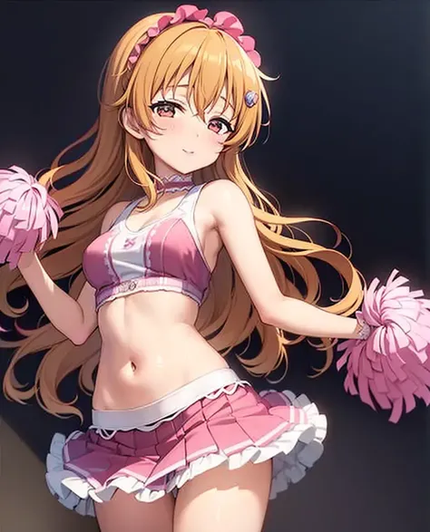 kanata_konoe, 1girl, solo,
((8k, RAW photo, highest quality, masterpiece), High detail RAW color photo professional close-up photo, (realistic, photo realism:1. 37), (highest quality), (best shadow), (best illustration), <lora:KanataKonoe_v2-000006:1>, ahoge, bare shoulders, blush, breasts, breath, long hair, smile, small breasts, solo, thighs, ((masterpiece)), sideface, very detailed face, cheerleader, pompons