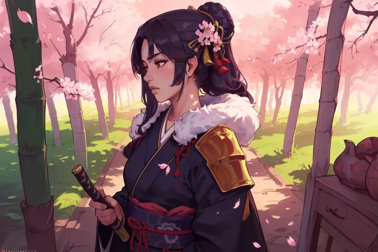 (masterpiece,best quality,absurdres,beautiful,intricate,4k,detailed,aesthetic),cinematic angle,upper body,bamboo forest,dappled sunlight,cherry blossoms,1girl,samurai,Japanese,full armor,fur trim,serious