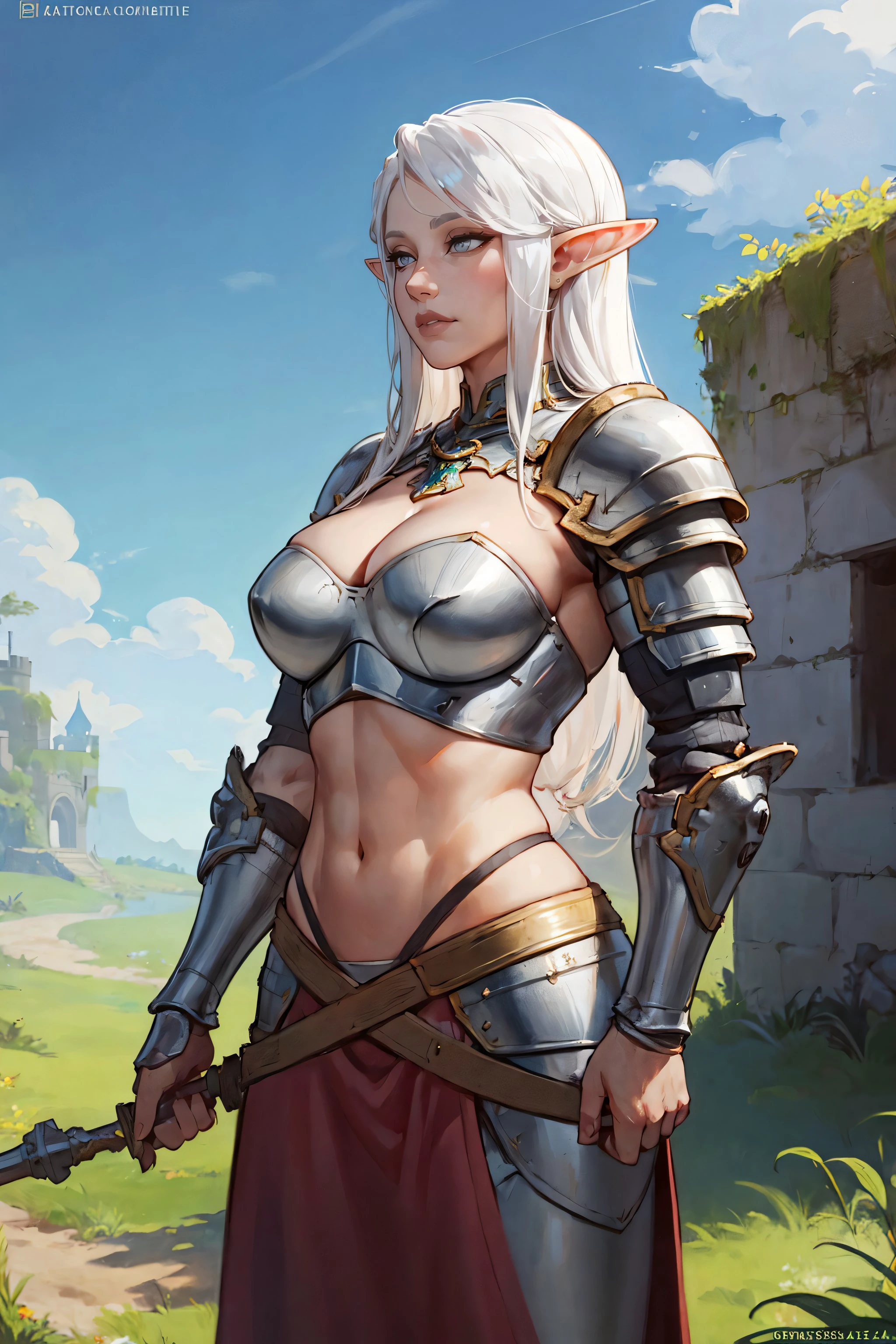 beautiful woman, fantasy, athletic, upper body, long white hair, grey eyes, elf ears, armor, breastplate, exposed midriff, cleavage, outdoors, standing in ruined castle, (solo), realistic