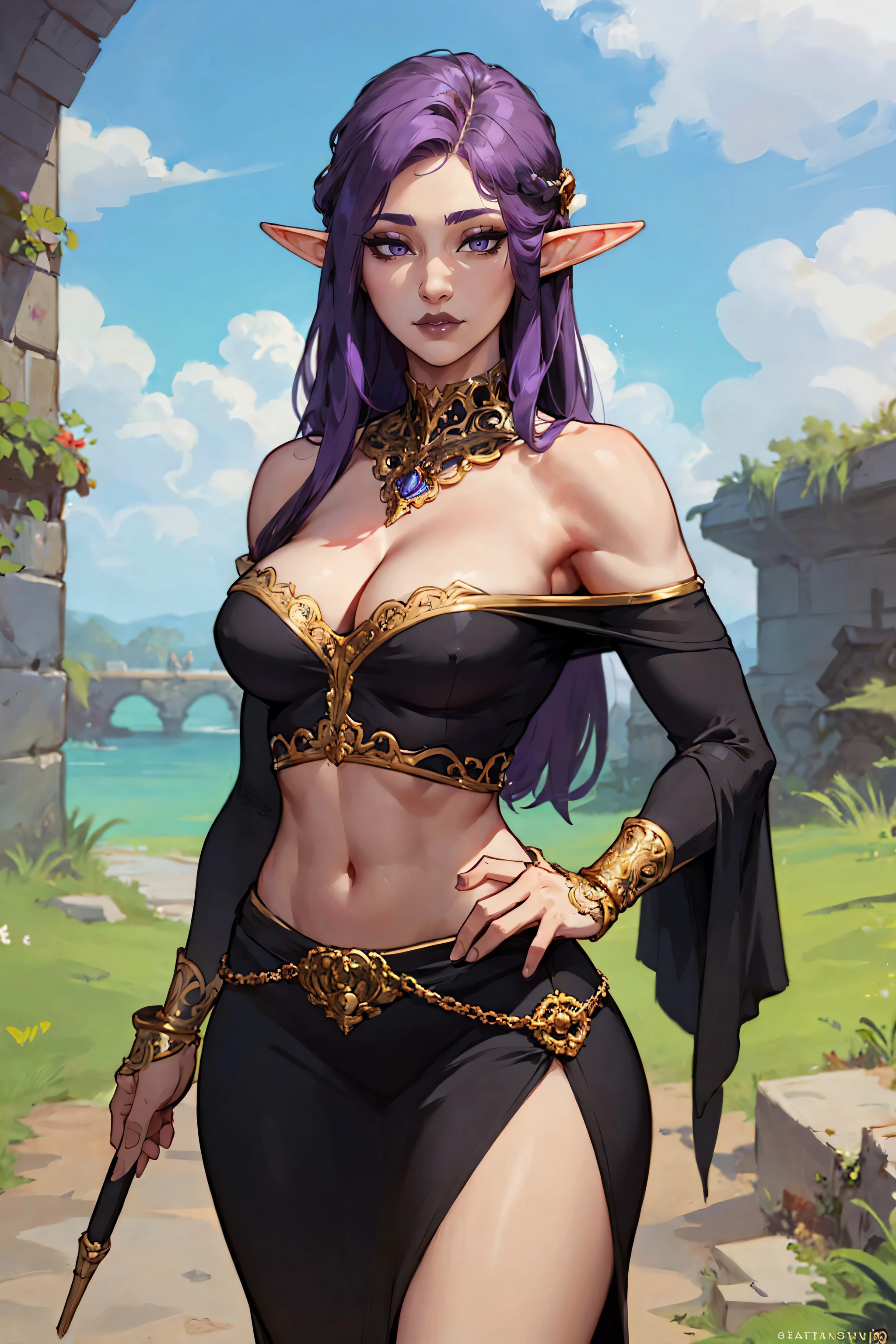 beautiful woman, fantasy, wide hips, narrow waist, upper body, long purple hair, grey eyes, elf ears, sorceress, medium breasts, cleavage, ornate black clothes, black crop top, off-shoulder, ornate black skirt, outdoors, standing in ruined castle, (solo), realistic