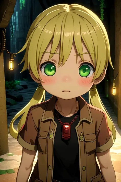 <lora:rikosdxl-000026:0.6>
a -yeld gi riko,
she has blonde hair.
(green eye color), twintails
black shirt,
she is wearing a brown short-sleeved jacket,
(red whistle:1.2) as a pendant,
draw it in the style of made in abyss,
The soft lighting and detailed surroundings create an immersive environment where imagination runs wild
high quality visuals, dim Lighting, sharply focused, octane render, 8k UHD