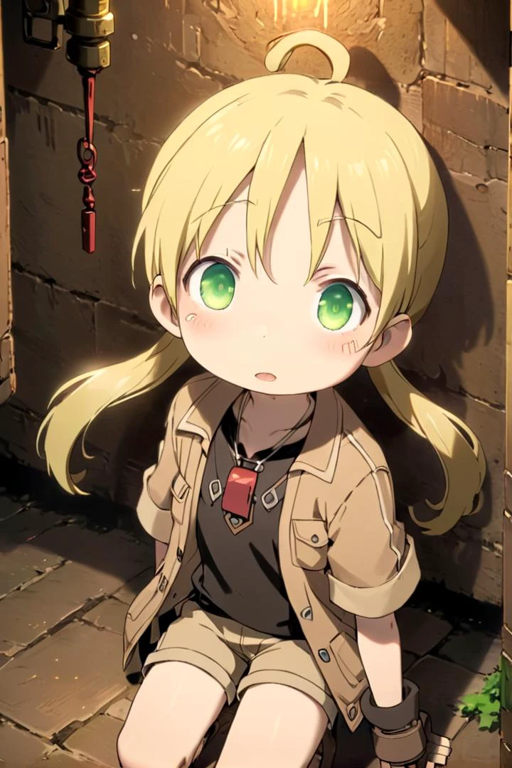 <lora:rikosdxl-000026:0.6>
a -yeld gi riko,
she has blonde hair.
(green eye color), twintails
black shirt,
she is wearing a brown short-sleeved jacket,
(red whistle:1.2) as a pendant,
draw it in the style of made in abyss,
The soft lighting and detailed surroundings create an immersive environment where imagination runs wild
high quality visuals, dim Lighting, sharply focused, octane render, 8k UHD