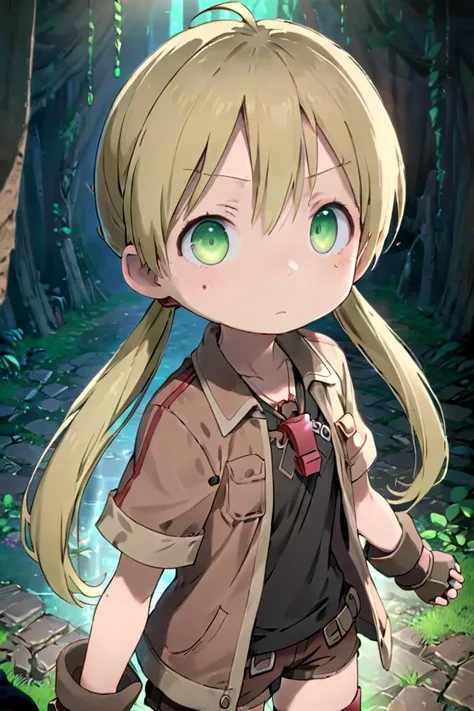 <lora:rikosdxl-000026:0.6>
1girl, riko,
she has blonde hair.
Her eyes are green, twintails
black shirt,
she is wearing a brown short-sleeved jacket,
(red whistle:1.2) as a pendant,
draw it in the style of made in abyss,
The soft lighting and detailed surroundings create an immersive environment where imagination runs wild
high quality visuals, dim Lighting, sharply focused, octane render, 8k UHD