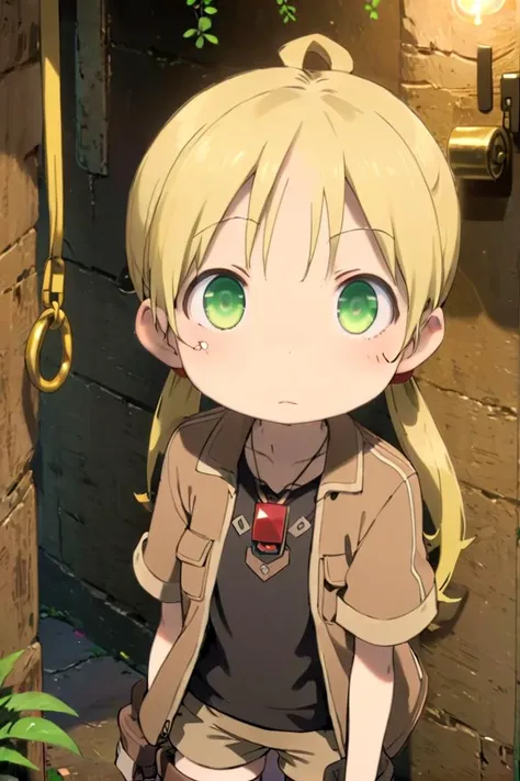 <lora:rikosdxl-000026:0.6>
a ****************, riko,
she has blonde hair.
(green eye color), twintails
black shirt,
she is wearing a brown short-sleeved jacket,
(red whistle:1.2) as a pendant,
draw it in the style of made in abyss,
The soft lighting and detailed surroundings create an immersive environment where imagination runs wild
high quality visuals, dim Lighting, sharply focused, octane render, 8k UHD