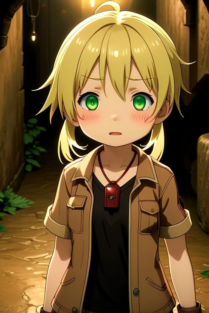 <lora:rikosdxl-000026:0.6>
a -yeld gi riko,
she has blonde hair.
(green eye color), twintails
black shirt,
she is wearing a brown short-sleeved jacket,
(red whistle:1.2) as a pendant,
draw it in the style of made in abyss,
The soft lighting and detailed surroundings create an immersive environment where imagination runs wild
high quality visuals, dim Lighting, sharply focused, octane render, 8k UHD