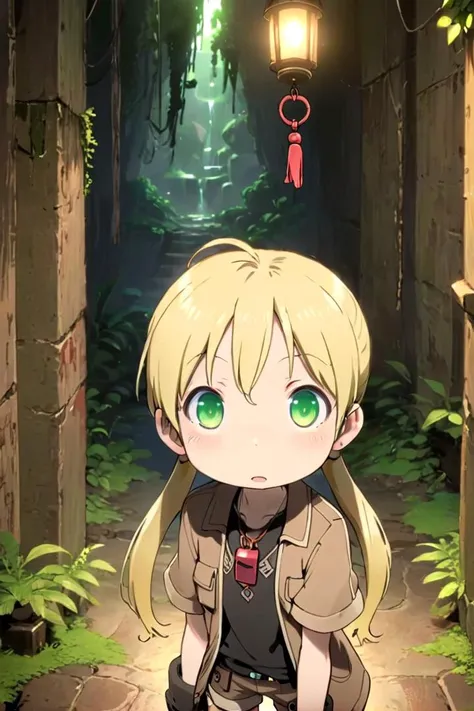 <lora:rikosdxl-000026:0.6>
a ****************, riko,
she has blonde hair.
(green eye color), twintails
black shirt,
she is wearing a brown short-sleeved jacket,
(red whistle:1.2) as a pendant,
draw it in the style of made in abyss,
The soft lighting and detailed surroundings create an immersive environment where imagination runs wild
high quality visuals, dim Lighting, sharply focused, octane render, 8k UHD