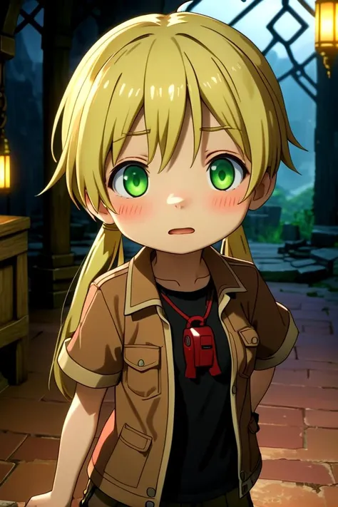 <lora:rikosdxl-000026:0.6>
a ****************, riko,
she has blonde hair.
(green eye color), twintails
black shirt,
she is wearing a brown short-sleeved jacket,
(red whistle:1.2) as a pendant,
draw it in the style of made in abyss,
The soft lighting and detailed surroundings create an immersive environment where imagination runs wild
high quality visuals, dim Lighting, sharply focused, octane render, 8k UHD