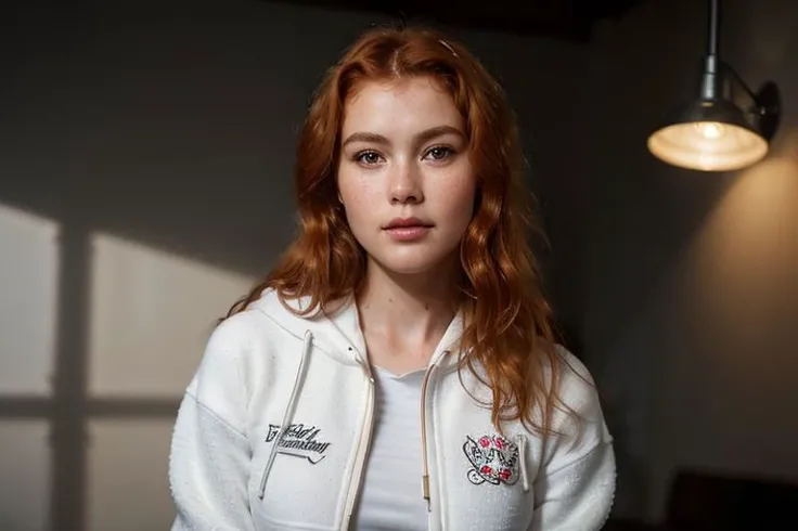 portrait of DEN_heidi_romanova, freckled, (headshot, face focus:1.2), beautiful eyes, detailed face, detailed lips,
(plain background:1.2),
(Strobe light with a snoot for a focused and intense beam (Snooted Strobe).:1.2),
(letter graphic zip up hoodie and denim skirt with knee high boots:1.2),
bokeh, f1.4, 40mm, photorealistic, raw, 8k, textured skin, skin pores, intricate details, <lora:epi_noiseoffset2:1>, epiCRealism