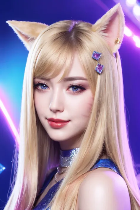 1girl, <lora:KDA_Ahriv2LoRA:0.7>, kdaahri with blonde long hair, cat ears and crystal like tail, wearing kdaoutfit, close-up,