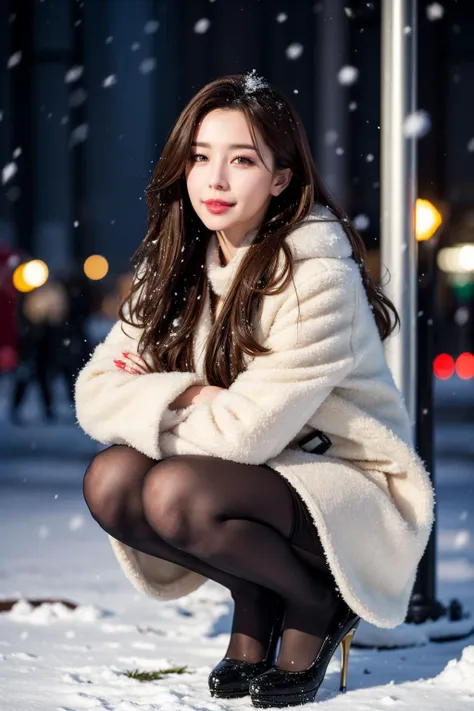 (masterpiece:1.1), (best quality:1.1), (realistic:1.2), (photorealistic:1.2), Optix, (Sharp Focus:1.2), 1girl, Light Mature, brown hair, Long hair, Coat, black stockings, Stiletto Heels, Squat., full body, (snowing:1.2), Street, Street lamp, Night, depth of field, <lora:add_detail:0.7>,