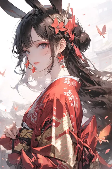 sinsya, 1girl, solo, long hair, hair ornament, japanese clothes, black hair, upper body, kimono, jewelry, earrings, red lips, butterfly, bug, red kimono <lora:sinsya-pynoiseloha:1>