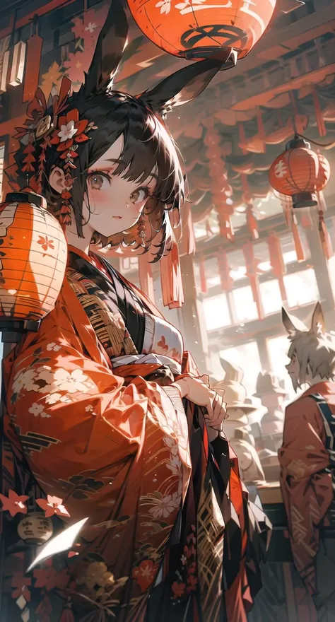 sinsya, 1girl, lantern, animal ears, solo, japanese clothes, hair ornament, short hair, hair flower, rabbit ears, looking at viewer, kimono, brown eyes, black hair, paper lantern, wide sleeves, bangs, holding <lora:sinsya-pynoiseloha:1>