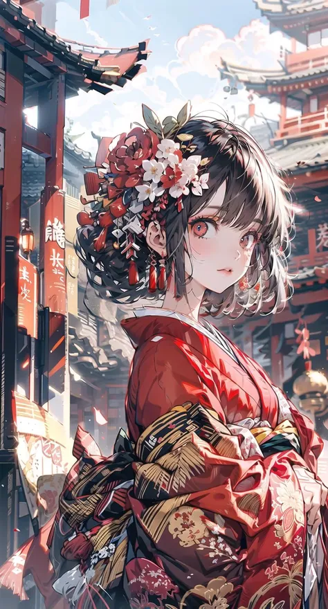 sinsya, japanese clothes, hair ornament, kimono, red eyes, hair flower, lantern, black hair, paper lantern, looking at viewer, bangs, floral print, red flower, red kimono, 1girl, wide sleeves, architecture, east asian architecture, long sleeves, upper body, outdoors, tassel <lora:sinsya-pynoiseloha:1>