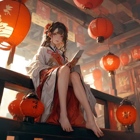 (masterpiece, best quality, detailed, 8K, illustration), sinsya, 1girl, lantern, solo, chinese clothes, hair ornament, long hair, looking at viewer, brown eyes, black hair, paper lantern, bangs, holding lantern, dynamic pose, <lyco:[LoHa] Sinsya辰砂しんしゃ Concept (With HD dataset& noise version):1>, chinese architecture, night, stars, cloudy, <lora:add_detail:0.8>, full body, from below, sitting by window, barefoot,