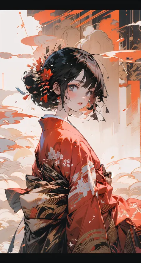 sinsya, 1girl, solo, japanese clothes, black hair, kimono, looking at viewer, red kimono, floral print, looking back, letterboxed, bangs <lora:sinsya-pynoiseloha:1>