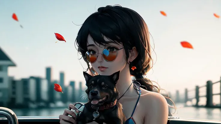 1girl, bikini,holding dog,shy,sitting on yacht, In dark glasses, <lora:girl:1>,long hair, petals on liquid,