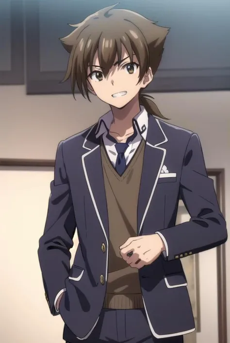 isseihyoudou, <lora:issei hyoudou anime s1-lora-nochekaiser:1>,
issei hyoudou, brown hair, (brown eyes:1.5), male focus, smile, grin,
BREAK long sleeves, school uniform, jacket, necktie, pants, black jacket, red necktie,
BREAK indoors, classroom,
BREAK looking at viewer, (cowboy shot:1.5),
BREAK <lyco:GoodHands-beta2:1>, (masterpiece:1.2), best quality, high resolution, unity 8k wallpaper, (illustration:0.8), (beautiful detailed eyes:1.6), extremely detailed face, perfect lighting, extremely detailed CG, (perfect hands, perfect anatomy),