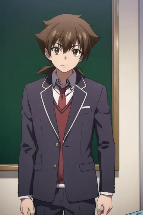 isseihyoudou, <lora:issei hyoudou anime s1-lora-nochekaiser:1>,
issei hyoudou, brown hair, (brown eyes:1.5), male focus, smile, grin,
BREAK long sleeves, school uniform, jacket, necktie, pants, black jacket, red necktie,
BREAK indoors, classroom,
BREAK looking at viewer, (cowboy shot:1.5),
BREAK <lyco:GoodHands-beta2:1>, (masterpiece:1.2), best quality, high resolution, unity 8k wallpaper, (illustration:0.8), (beautiful detailed eyes:1.6), extremely detailed face, perfect lighting, extremely detailed CG, (perfect hands, perfect anatomy),