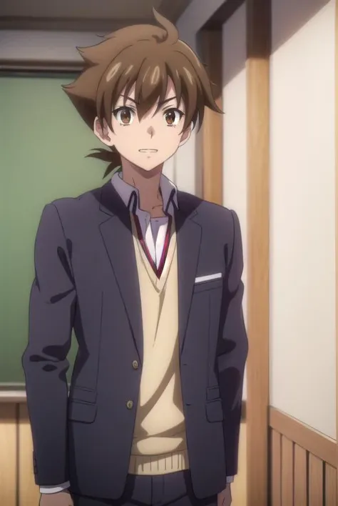 isseihyoudou, <lora:issei hyoudou anime s1-lora-nochekaiser:1>,
issei hyoudou, brown hair, (brown eyes:1.5), male focus, smile, grin,
BREAK long sleeves, school uniform, jacket, necktie, pants, black jacket, red necktie,
BREAK indoors, classroom,
BREAK looking at viewer, (cowboy shot:1.5),
BREAK <lyco:GoodHands-beta2:1>, (masterpiece:1.2), best quality, high resolution, unity 8k wallpaper, (illustration:0.8), (beautiful detailed eyes:1.6), extremely detailed face, perfect lighting, extremely detailed CG, (perfect hands, perfect anatomy),