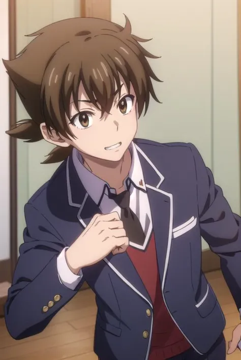 isseihyoudou, <lora:issei hyoudou anime s1-lora-nochekaiser:1>,
issei hyoudou, brown hair, (brown eyes:1.5), male focus, smile, grin,
BREAK long sleeves, school uniform, jacket, necktie, pants, black jacket, red necktie,
BREAK indoors, classroom,
BREAK looking at viewer, (cowboy shot:1.5),
BREAK <lyco:GoodHands-beta2:1>, (masterpiece:1.2), best quality, high resolution, unity 8k wallpaper, (illustration:0.8), (beautiful detailed eyes:1.6), extremely detailed face, perfect lighting, extremely detailed CG, (perfect hands, perfect anatomy),