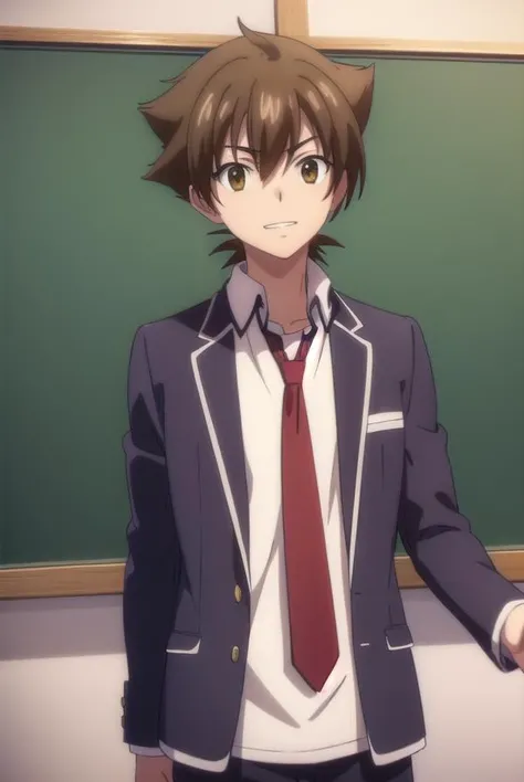 isseihyoudou, <lora:issei hyoudou anime s1-lora-nochekaiser:1>,
issei hyoudou, brown hair, (brown eyes:1.5), male focus, smile, grin,
BREAK long sleeves, school uniform, jacket, necktie, pants, black jacket, red necktie,
BREAK indoors, classroom,
BREAK looking at viewer, (cowboy shot:1.5),
BREAK <lyco:GoodHands-beta2:1>, (masterpiece:1.2), best quality, high resolution, unity 8k wallpaper, (illustration:0.8), (beautiful detailed eyes:1.6), extremely detailed face, perfect lighting, extremely detailed CG, (perfect hands, perfect anatomy),