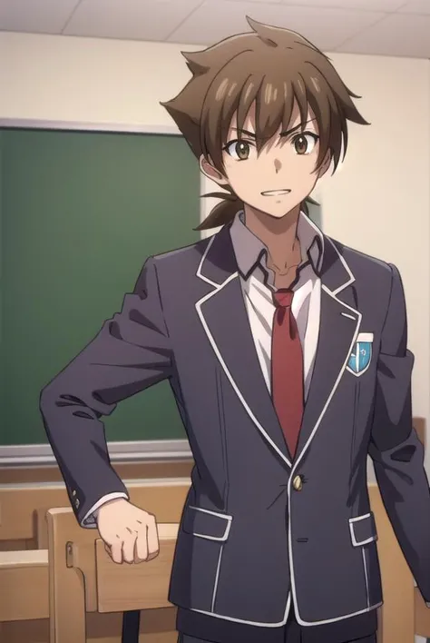 isseihyoudou, <lora:issei hyoudou anime s1-lora-nochekaiser:1>,
issei hyoudou, brown hair, (brown eyes:1.5), male focus, smile, grin,
BREAK long sleeves, school uniform, jacket, necktie, pants, black jacket, red necktie,
BREAK indoors, classroom,
BREAK looking at viewer, (cowboy shot:1.5),
BREAK <lyco:GoodHands-beta2:1>, (masterpiece:1.2), best quality, high resolution, unity 8k wallpaper, (illustration:0.8), (beautiful detailed eyes:1.6), extremely detailed face, perfect lighting, extremely detailed CG, (perfect hands, perfect anatomy),