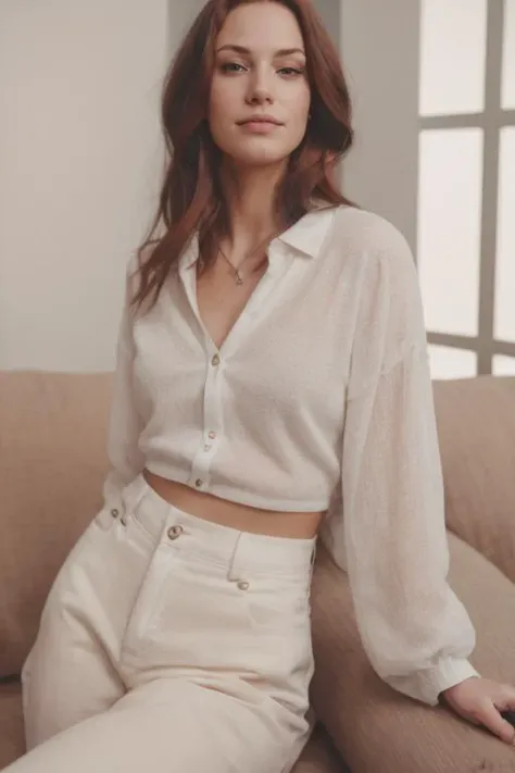 candid, photography, portrait b3llarams3y woman, elegant outfit, elegant, influencer, aspirational, in the minimalist living room, sunrise <lora:b3llarams3y:1>