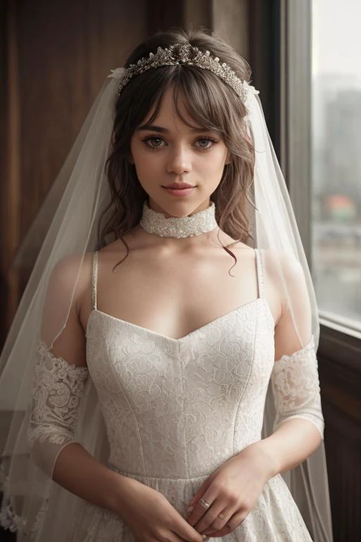 JennaO, ((sleeveless turtleneck wedding dress)), 8k raw, high res, ultrarealistic, hyperrealistic, soft lighting, good lighting, textured skin, photorealism, high details, DSLR photo, detailed face, detailed hair, skin pores, (looking at viewer), (Real Eyes), (Detailed Eye Corneas), (detailed pupils), ((smiling)), photo lab, elegant, insane details, hyperdetailed, low contrast, epiCRealism, Detailed and realistic photography, intricate and realistic eyes, shot outside, skin texture, soft natural lighting, magical photography, dramatic lighting, ultra-detailed, Kodak 800T, ((SFW))