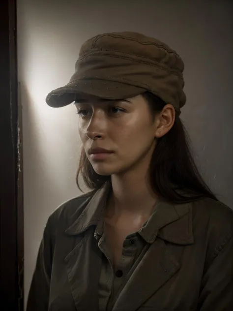 <lora:serrat0s2-3:1>,DSLR photo of serrat0s,a woman,brown cap,black long hair,masterpiece,close-up,bokeh,film grain,cinematic,volumetric lighting,volumetric fog,sunray,front view,looking at viewer <lora:add_detail:1> (add_detail:1.3)