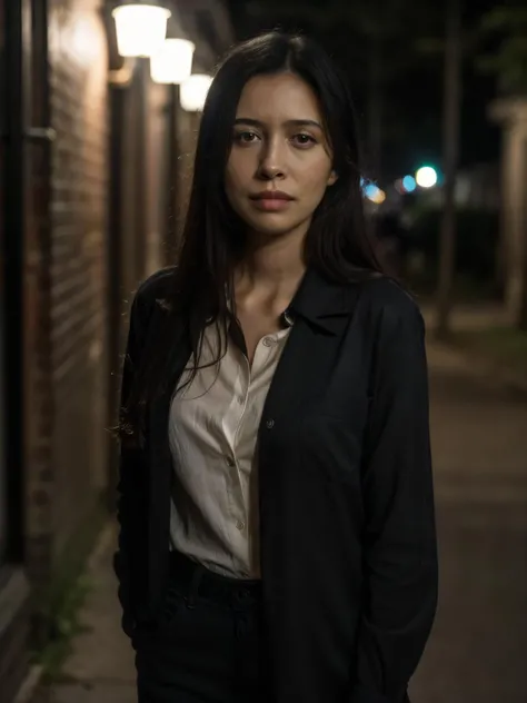 <lora:serrat0s2-3:1>,DSLR photo of serrat0s,night,a woman,black long hair,wearing shirt,masterpiece,close-up,bokeh,film grain,volumetric lighting,front view,looking at viewer,street <lora:add_detail:1> (add_detail:1.3)