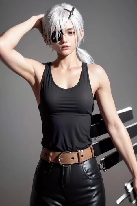masterpiece, best quality,quanxi (chainsaw man),1girl, solo, black tank top, eyepatch, belt, tank top,breasts, pants, white hair, black pants, long hair, ponytail