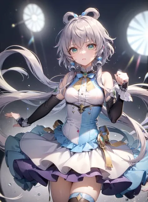 ((illustration)), ((floating hair)), ((chromatic aberration)), ((caustic)), lens flare, dynamic angle, ((portrait)), (1 girl), ((solo)), cute face, ((hidden hands)), asymmetrical bangs, (beautiful detailed eyes), eye shadow, ((huge clocks)), ((glass strips)), (floating glass fragments), ((colorful refraction)), (beautiful detailed sky), ((dark intense shadows)), ((cinematic lighting)), ((overexposure)), (expressionless), blank stare, big top sleeves, ((frills)), hair_ornament, ribbons, bowties, buttons, (((small breast))), pleated skirt, ((sharp focus)), ((masterpiece)), (((best quality))), ((extremely detailed)), colorful, hdr
luotianyi (koushiki), <lora:luotianyi_koushiki:0.6>, koushiki thighhighs