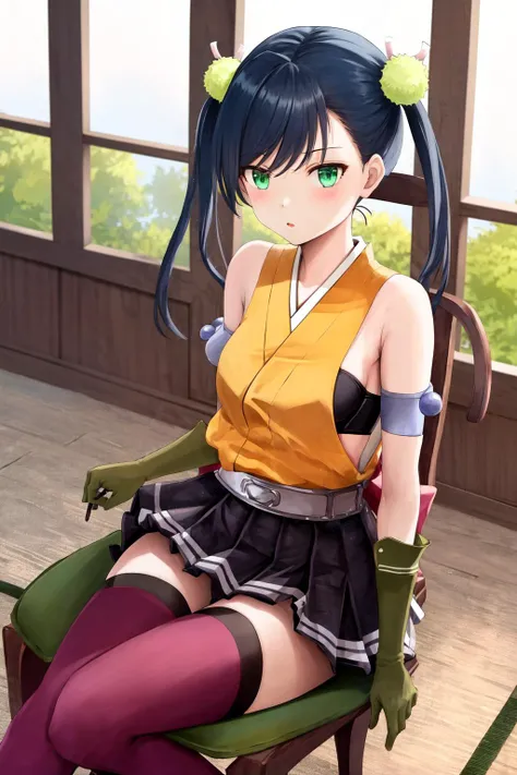 masterpiece, best quality, highres, 1girl hibachi twintails hair ornament, yellow shirt strapless bra armband black skirt red legwear purple legwear belt elbow gloves green gloves pink bow <lora:hibachi:1> sitting on chair