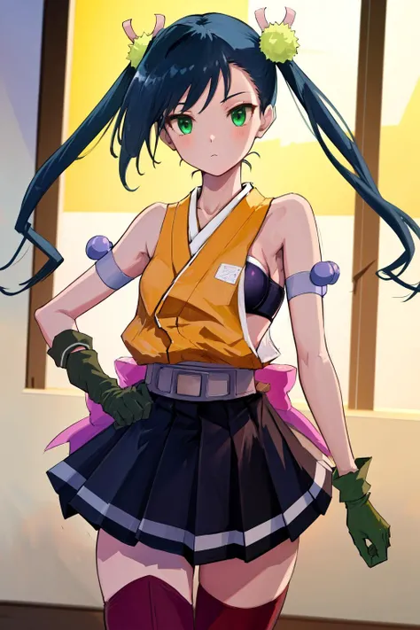 masterpiece, best quality, highres, 1girl hibachi twintails hair ornament, yellow shirt strapless bra armband black skirt red legwear purple legwear belt elbow gloves green gloves pink bow <lora:hibachi:1> from bloew