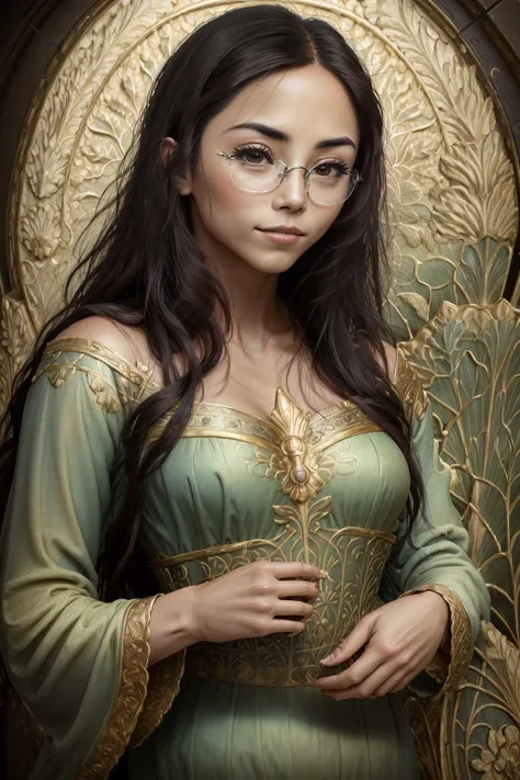 annaakana, smiling, solo, captured in a mesmerizing painting with an ethereal color palette and delicate details, in the style of Pre-Raphaelite artists like Dante Gabriel Rossetti, emanating a goddess-like aura and evoking a sense of timeless beauty, glasses, dark brown eyes, detailed eyes, detailed lips, medium breasts, 8k, photorealistic, <lora:AnnaAkana:1>