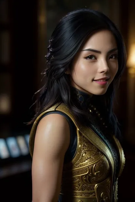 hostile Christina Chong beautiful face, narrowed eyes. smirk. black braided hair assassin wearing intricate ornate chrome bodysuit

